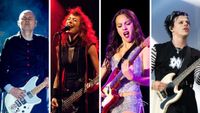 Left to right: Collage of Billy Corgan, Melissa Auf Der Maur, Olivia Rodrigo and Yungblud playing their guitars on stage