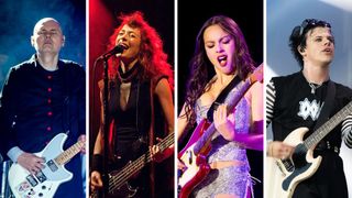 Left to right: Collage of Billy Corgan, Melissa Auf Der Maur, Olivia Rodrigo and Yungblud playing their guitars on stage