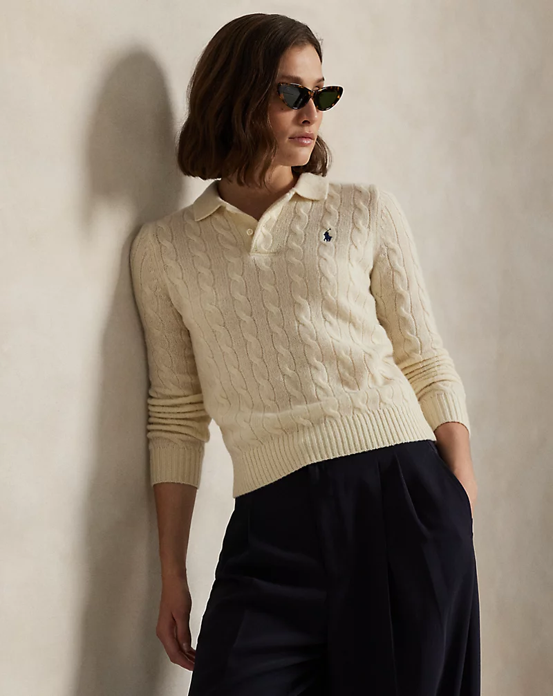 Cable Knit Wool Cashmere Polo Sweater