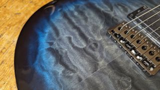 Close up of the Holcomb Blue Burst finish on the PRS SE Mark Holcomb SVN guitar