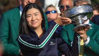 Rose Zhang with the trophy after winning the 2023 Augusta National Women's Amateur