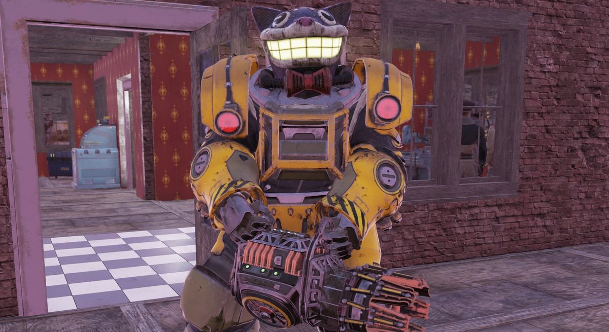 Fallout 76 power armour and cat helmet