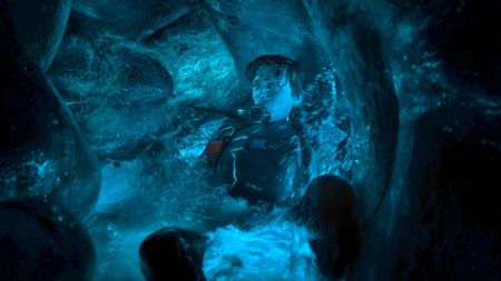 Austin Abrams' Jay panicking inside a whale in Whalefall. 