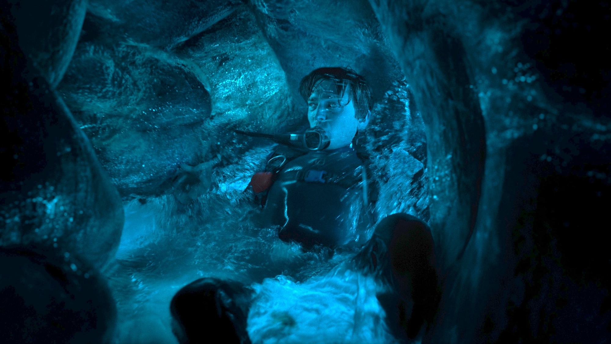 Austin Abrams' Jay panicking inside a whale in Whalefall. 