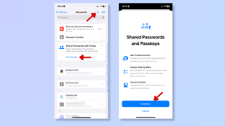 The first screenshot shows the Passwords page in the iPhone Settings, with red arrows pointing at the plus icon and at Get Started. The second screenshot shows information on Shared Passwords and Passkeys, with a red arrow pointing at the Continue button. 