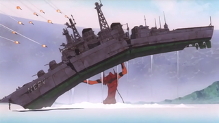 An image from the show Neon Genesis Evangelion depicting a large robot holding a military naval vessel above its head. The vessel and robot are both streaming water.