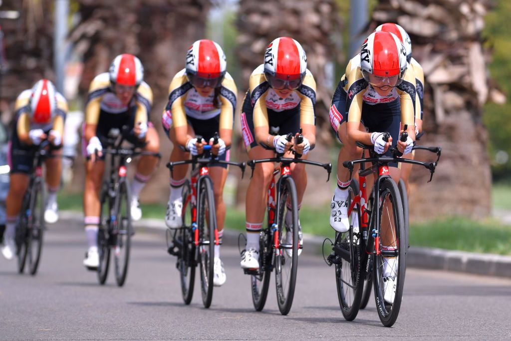 GROSSETO ITALY SEPTEMBER 11 Anna Potokina of Russia Kseniia Dobrynina of Russia Francesca Baroni of Italy Elis Simeoni of Italy Sara Casasola of Italy Nicole Fede of Italy and Rosalia Ortiz Hano of Spain and Team Servetto Piumate Beltrami TSA during the 31st Giro dItalia Internazionale Femminile 2020 Stage 1 a 168km Team Time Trial from Grosseto to Grosseto TTT GiroRosaIccrea GiroRosa on September 11 2020 in Grosseto Italy Photo by Luc ClaessenGetty Images