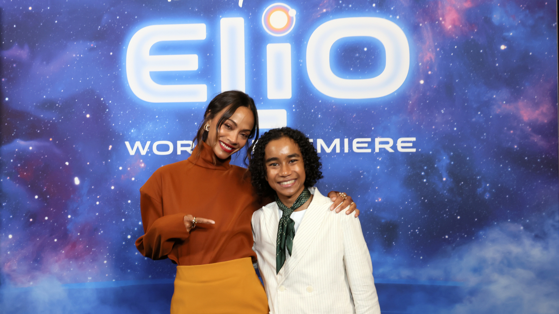 Zoe Saldaña and Yonas Kibreab attend the World Premiere of Disney and Pixar&#039;s &quot;Elio&quot; at El Capitan Theatre on June 10, 2025 in Los Angeles, California.