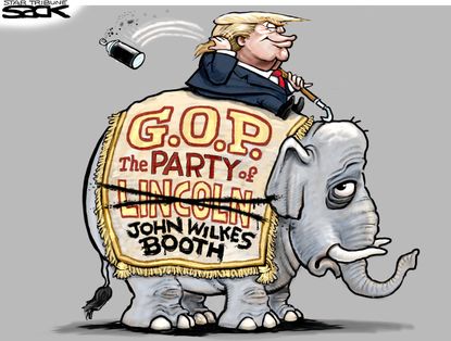 Political cartoon U.S. Donald Trump 2016 election presidency party of John Wilkes Booth shooting