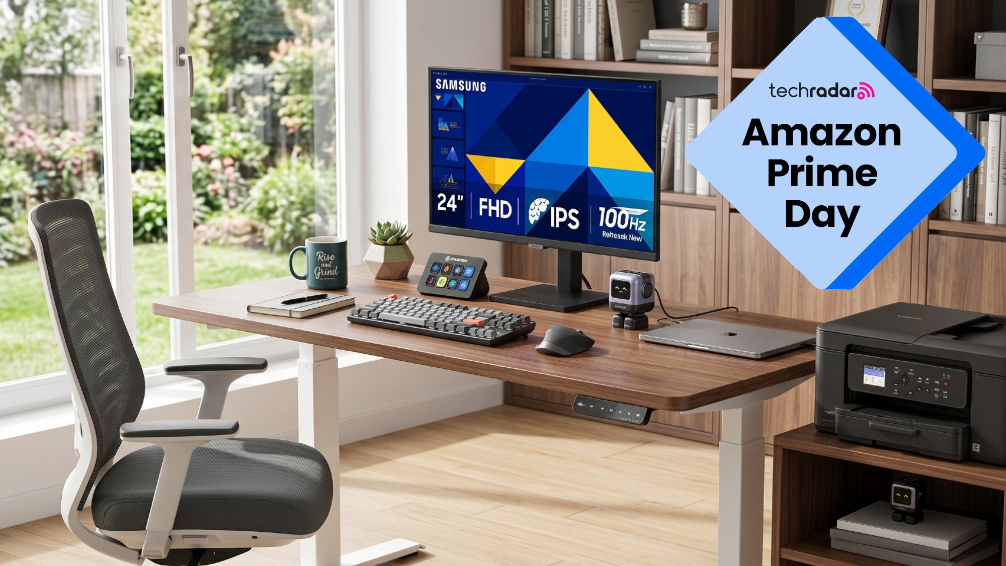 A home office set-up in a brightly lit room, with a TechRadar badge that reads 'Amazon Prime Day'