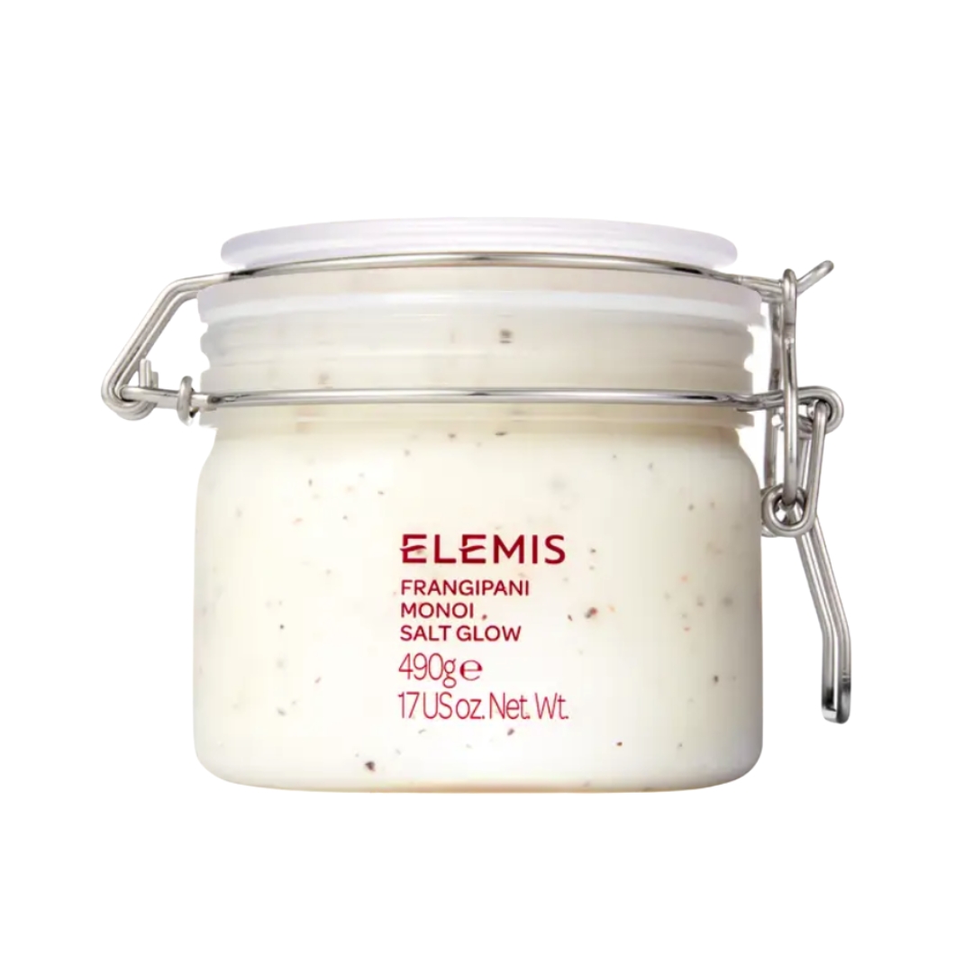 A product shot of the Frangipani Monoi Salt Glow Body Scrub, on a white background