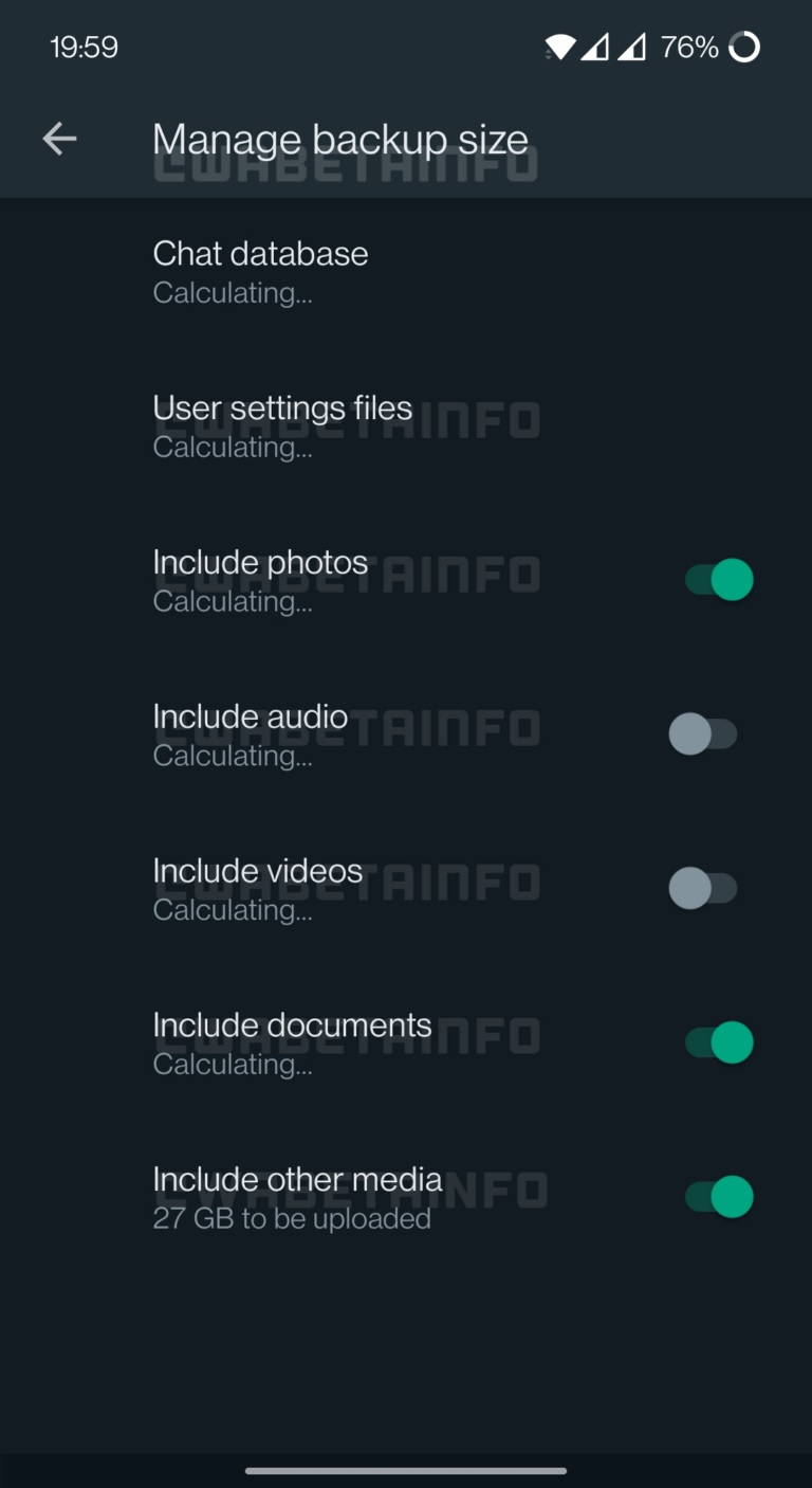 a screenshot of Manage backup size feature in the WhatsApp beta