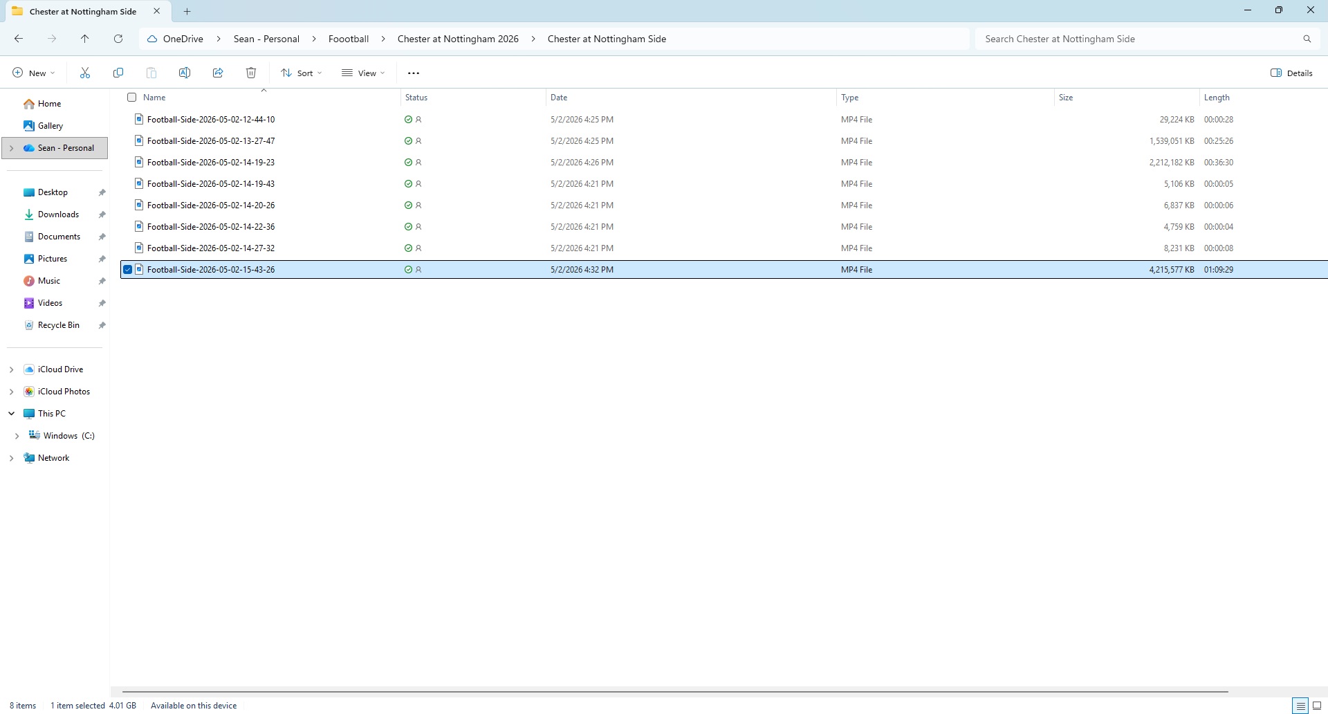 File explorer window showing a folder titled "Chester at Nottingham 2026." It contains six audio files, labeled with dates, sizes, and lengths, suggesting a structured event recording.