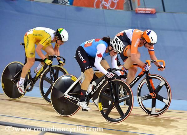 Tara Whitten (Canada) sprints during the women's omnium in the points race