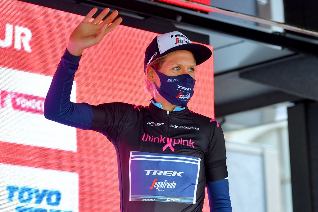 GALMAARDEN BELGIUM JUNE 24 Ellen Van Dijk of The Netherlands and Team Trek Segafredo Black Queen of the Stones Jersey celebrates at podium during the 9th Lotto Belgium Tour 2021 Stage 2 a 1375km stage from Galmaarden to Galmaarden LottoBelgTour LottoBelgiumTour on June 24 2021 in Galmaarden Belgium Photo by Luc ClaessenGetty Images
