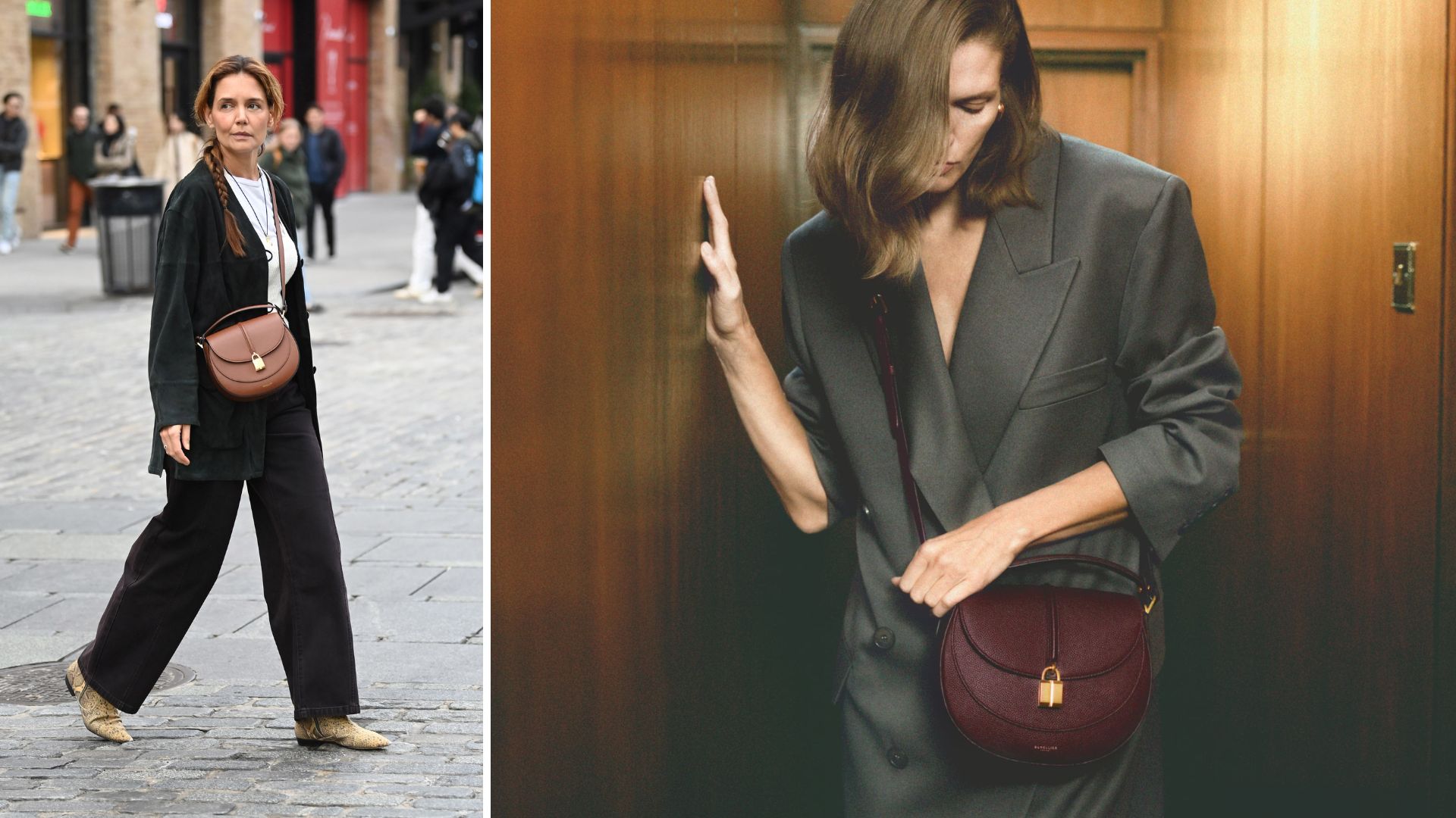Katie Holmes and a model carrying the DeMellier Siena saddle bag