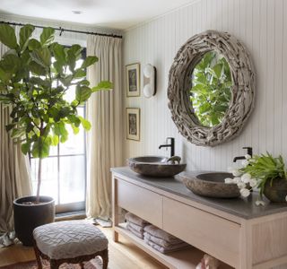 A bathroom with a tall houseplant by the window