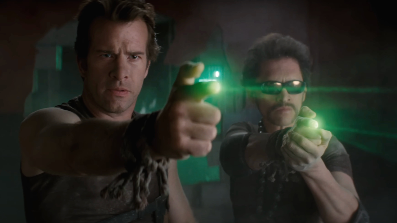 Thomas Jane and Clifton Collins Jr aiming finger guns with green lasers as the Vegan Police in Scott Pilgrim vs The World.