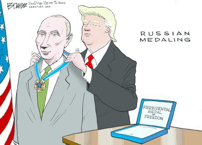 Political cartoon U.S. Trump Putin medal meddle Russia investigation Helsinki summit