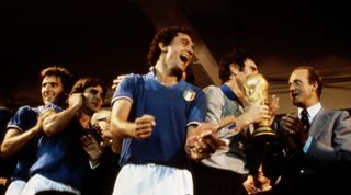Claudio Gentile of Italy celebrates winning the 1982 FIFA World Cup Final against West Germany on 11th July 1982 at the Santiago Bernabeu Stadium in Madrid, Spain. Italy defeated West Germany 3-1. (Photo by Steve Powell/Getty Images)