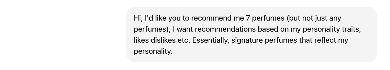 Screenshot taken from ChatGPT showcasing a prompt asking for perfume recommendations