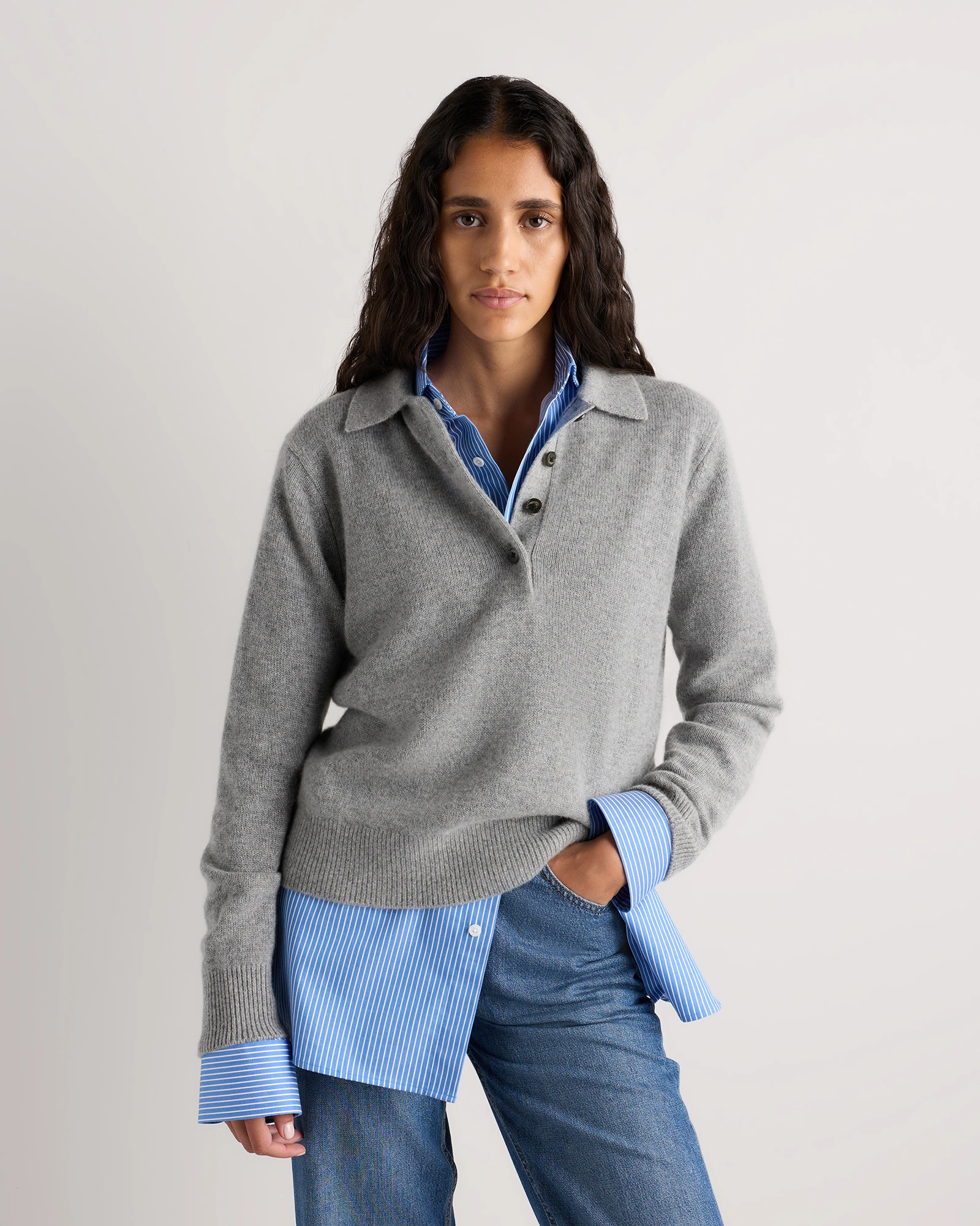 Mongolian Cashmere Button Polo Sweater in Heather Grey, Size Xs