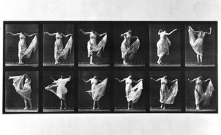 Twelve black and white images of a lady dancing in a dress