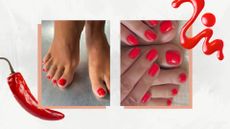 A collage featuring examples of a 'picante' pedicure. On the left is a picture of someone's feet with a bright red pedicure, and on the right is a picture of someone's hands and feet with a matching orange-red manicure and pedicure, all created by nail artist Milly Mason (@millymason_)/ in a white template with a red chilli pepper and red nail polish spill.