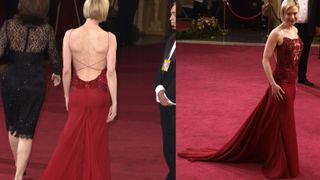Renee Zellweger wearing Carolina Herrera red dress with backless detail