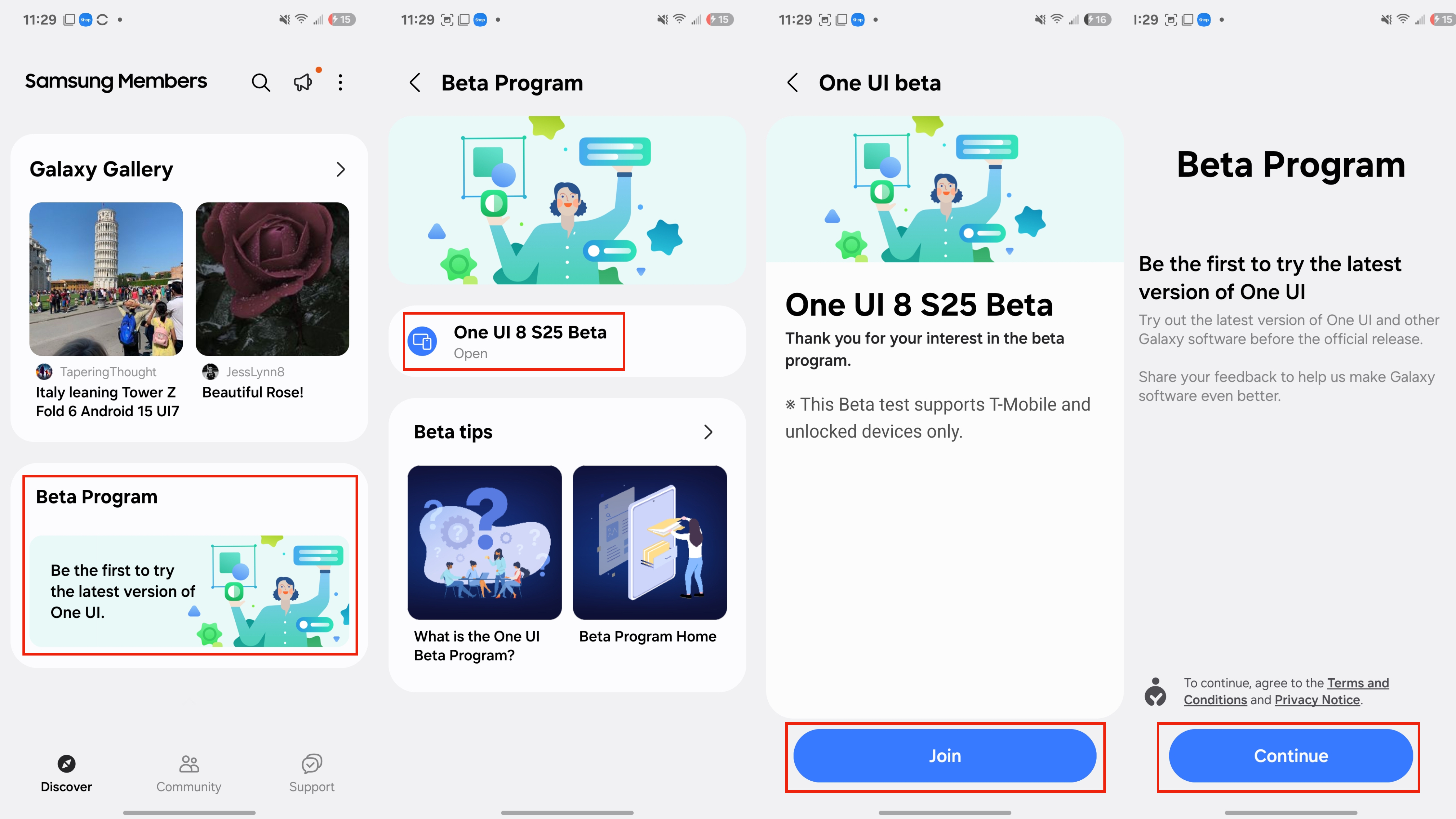 The steps for joining the One UI 8 beta program in the Samsung Members app.