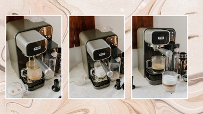 Three pictures of the Mr. Coffee Prima Latte Luxe coffee maker on swirled brown vector background depicting how to prepare a milk-based beverage