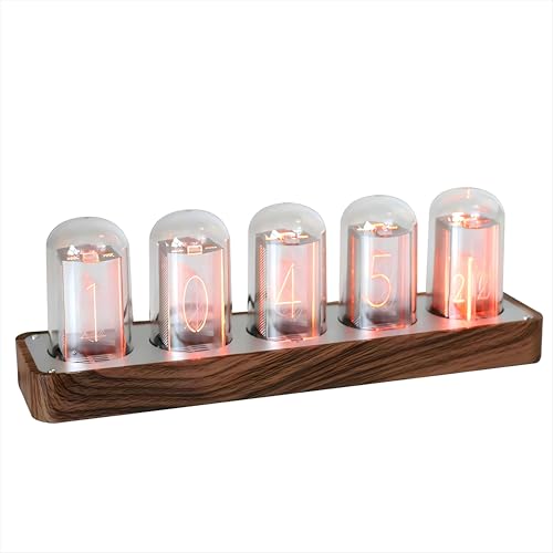 Clocteck Nixie Tube Clock With Wi-Fi Sync, Alarm & Timer, 12/24h Display, No Assembly Required - a Retro Gift for Friends (wood Grain)