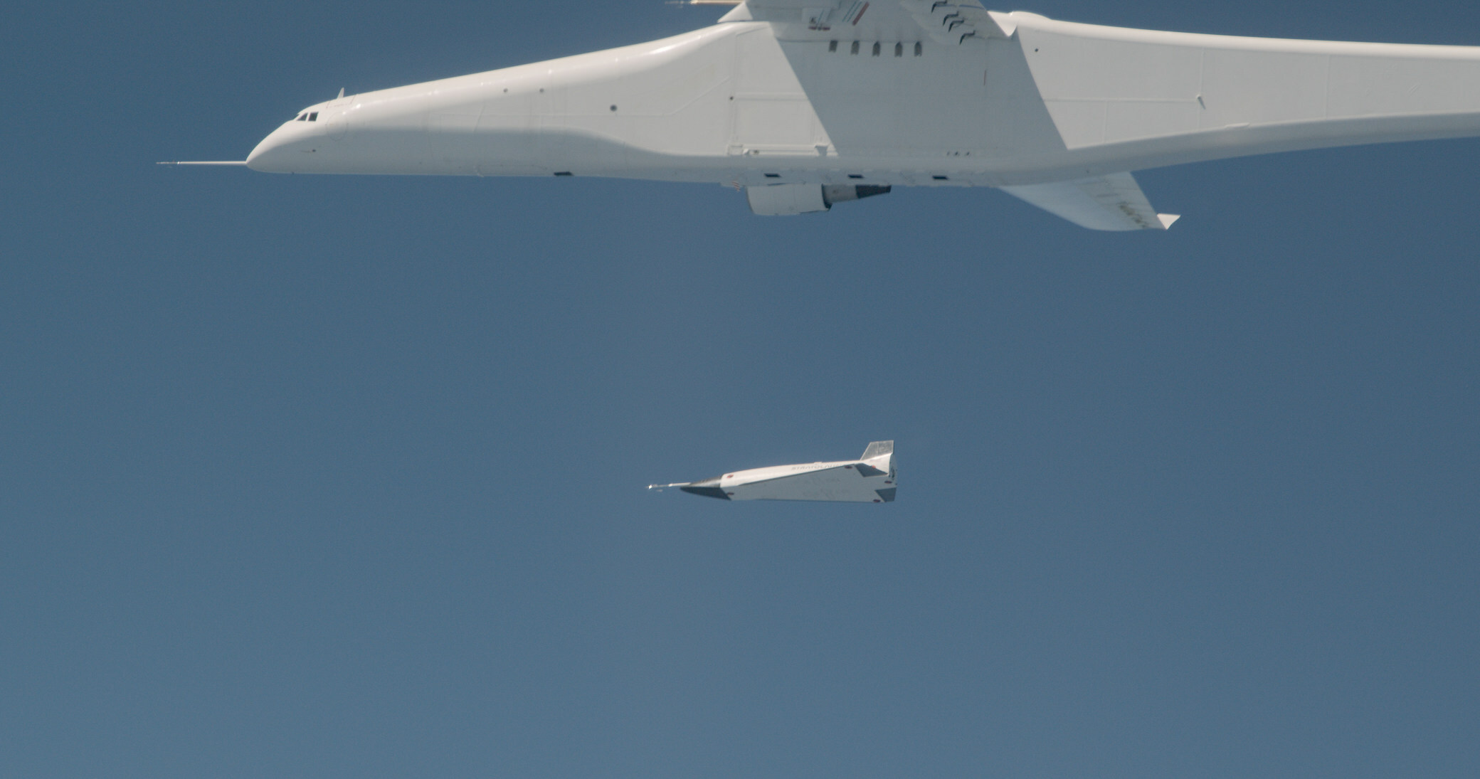Close-up of Stratolaunch's Talon-0 prototype just after it emerged from the company's Roc carrier aircraft during a test on May 13, 2023.