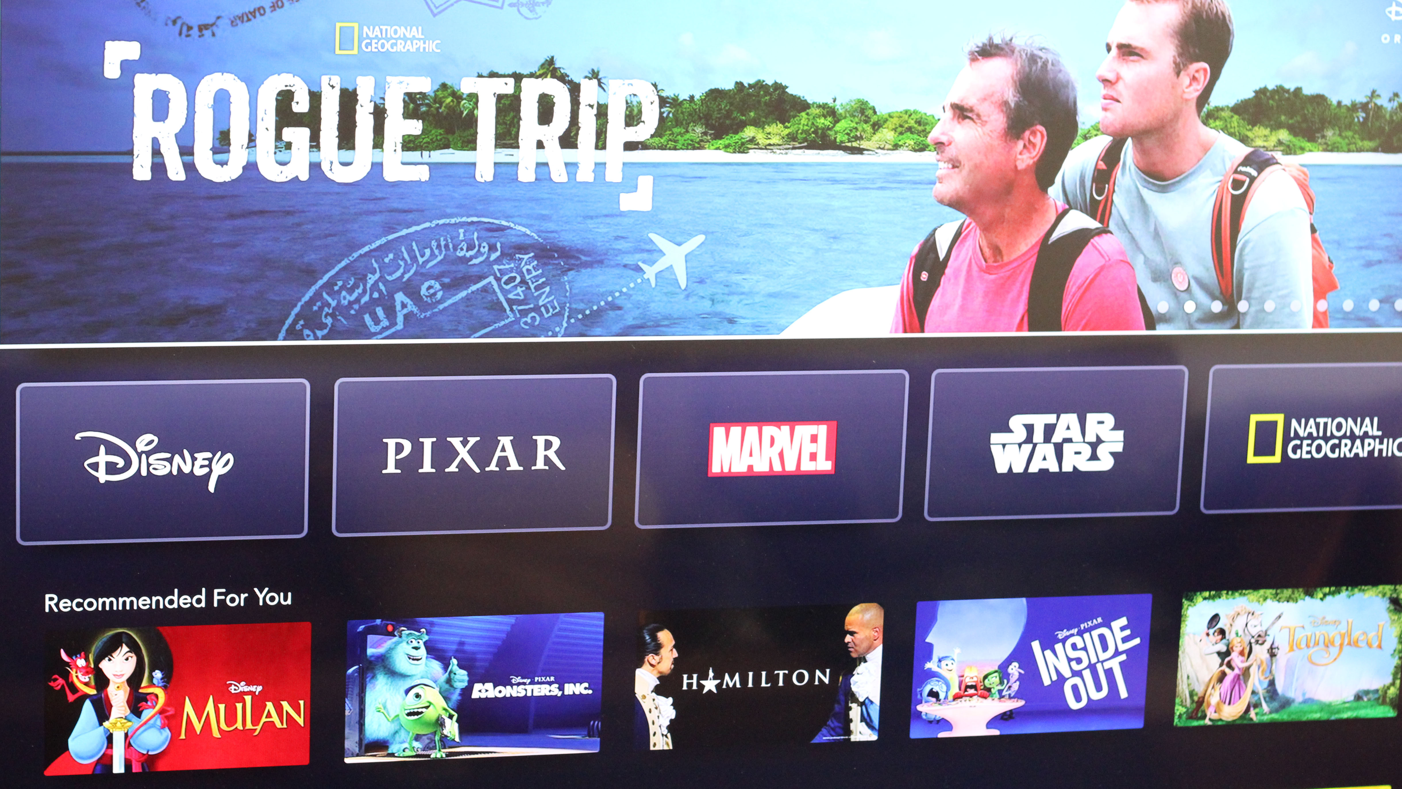 Image of a Samsung Sero TV showing the Disney Plus homepage