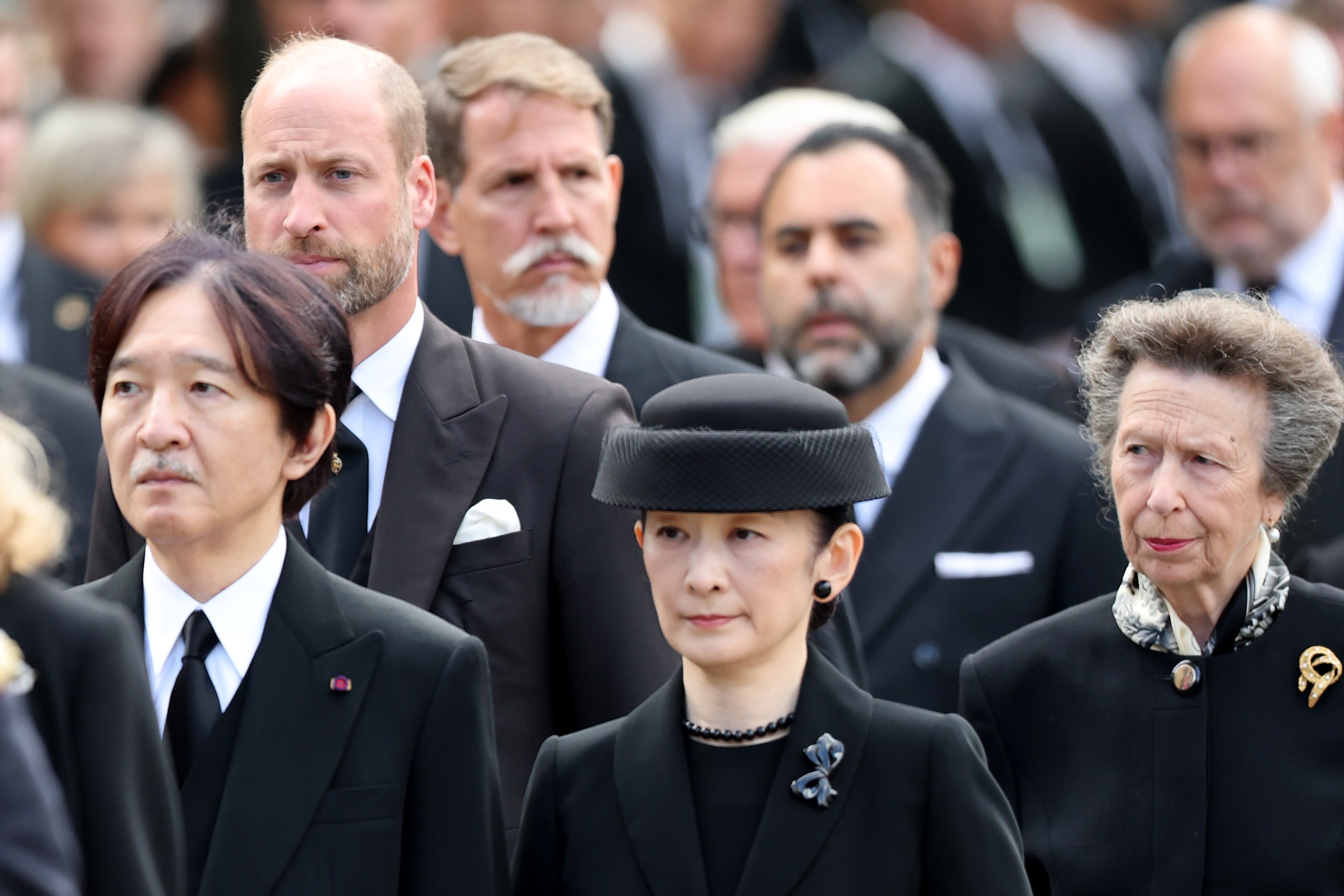 Prince William, Princess Anne, Crown Prince Akishino and Princess Kiko at King Harald's funeral