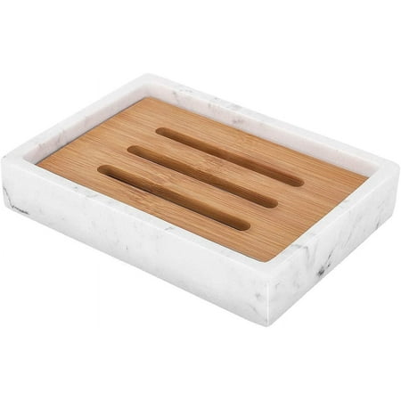 Luxspire Bamboo Soap Dish, Resin Soap Holder With Drainage, Wooden Soap Dish for Shower, Bathroom, Sink, Kitchen and Countertop, Gravel White