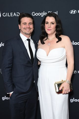 Jason Ritter and Melanie Lynskey attend the 35th annual GLAAD Media Awards at The Beverly Hilton on March 14, 2024 in Beverly Hills, California.