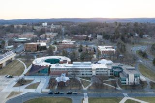 An aerial view of business innovation hub and its surroundings photographed from the sky during the day