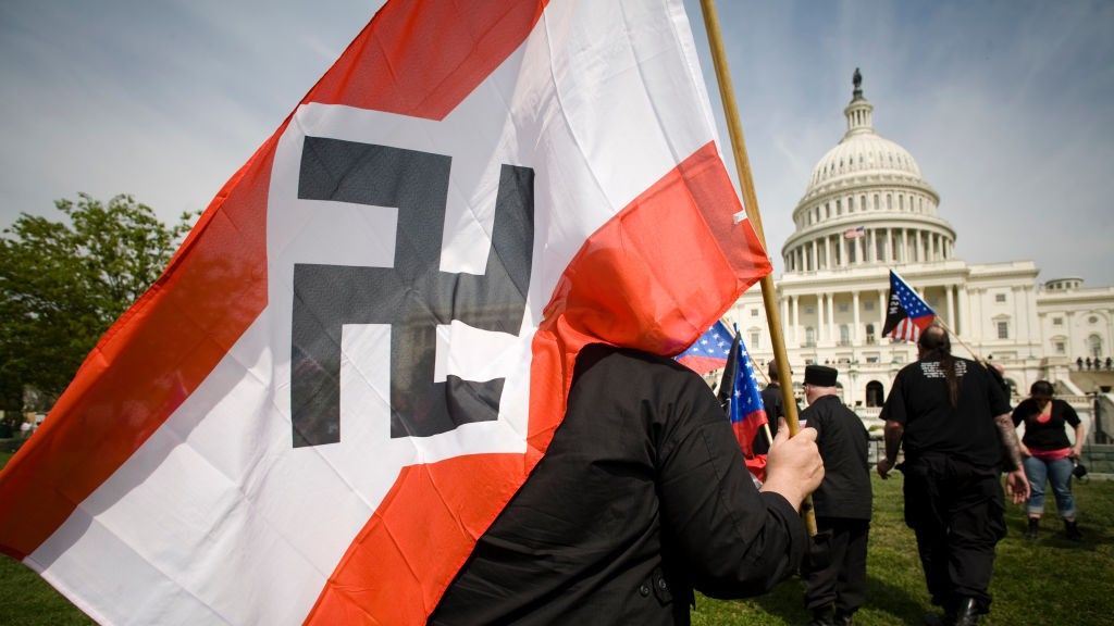 A man with a Nazi flag marches on the U.S. Capitol