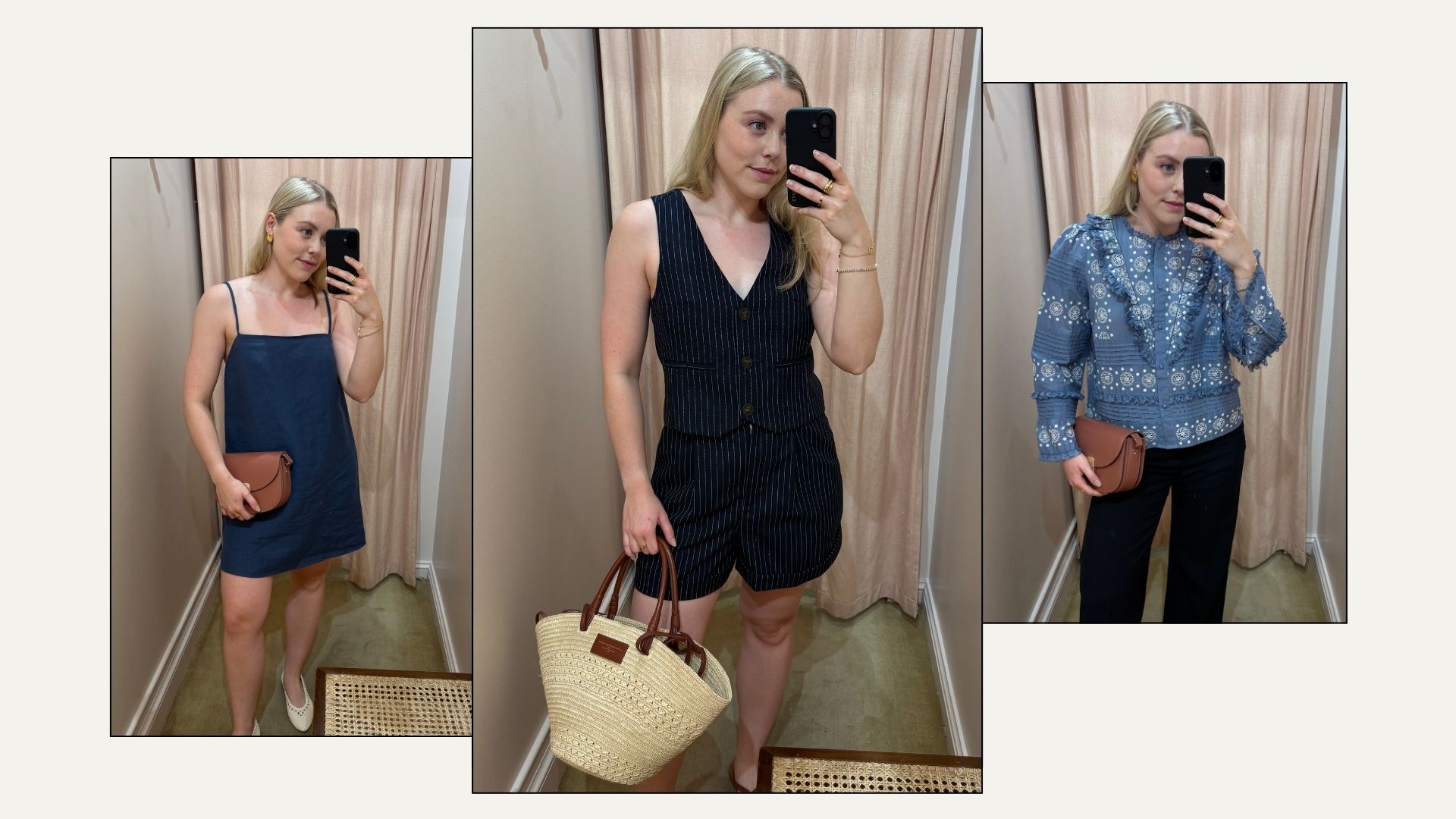 Woman wears blue dress; woman wears tailored waistcoat and shorts; woman wears blue blouse and trousers