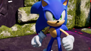 Sonic, a blue hedgehog who runs fast, stands determined in front of a crumbled ruin, his brow wrinkled in equal parts concentration and annoyance.