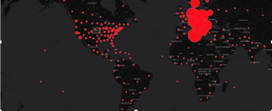 This map depicts hotspots of dark web activity related to illegal products, with larger circles indicating more illegal activity.