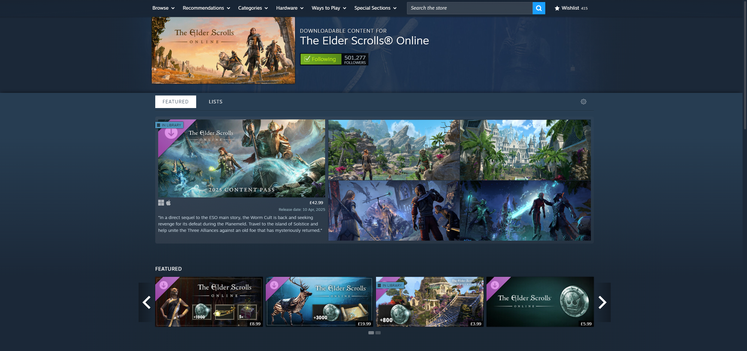 Steam: A screenshot of the DLC and bonus content for The Elder Scrolls Online on Steam.