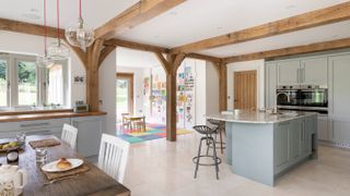 open plan family kitchen diner in oak frame home