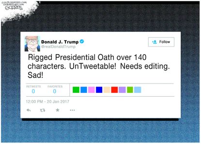 Political cartoon U.S. Donald Trump Twitter presidential oath