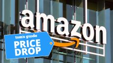 Amazon logo on building with price drop tag 