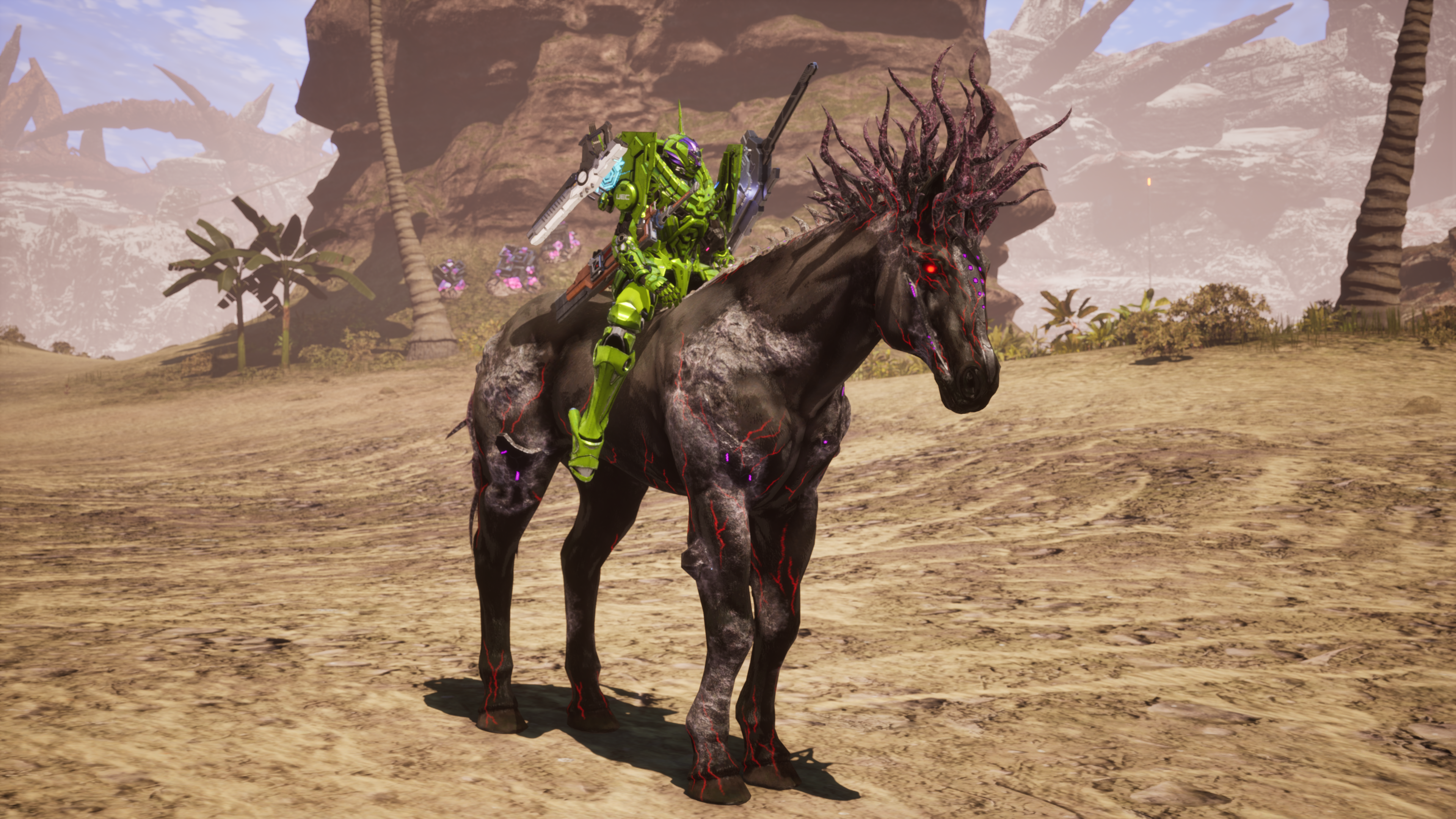 A screenshot of Daemon X Machina: Titanic Scion. A bright green mech is mounted on top of a horse with red eyes and dark tendrils coming out of its head.