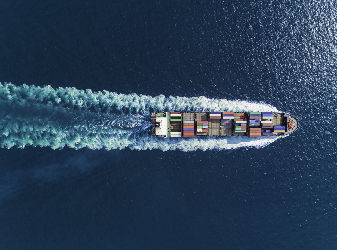 Aerial top view of shipping container 