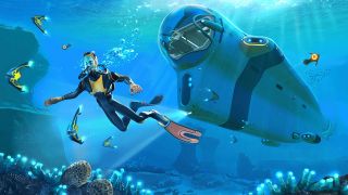 Huvudpersonen i Subnautica simmar över ett korallrev med sin utbåt i bakgrunden.