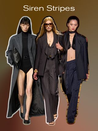 a collage of models in the fall runway shows of Gauchere, Tom Ford, and LaQuan Smith, all wearing one of the biggest fall print trends: pinstripe pattern